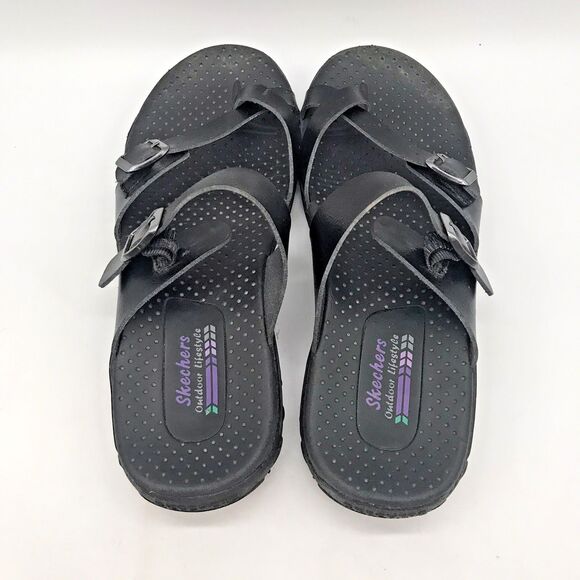 Skechers Outdoor Lifestyle 41007 Sandals Women 8 Black Leather Dbl. Buckle Slide - Picture 6 of 11